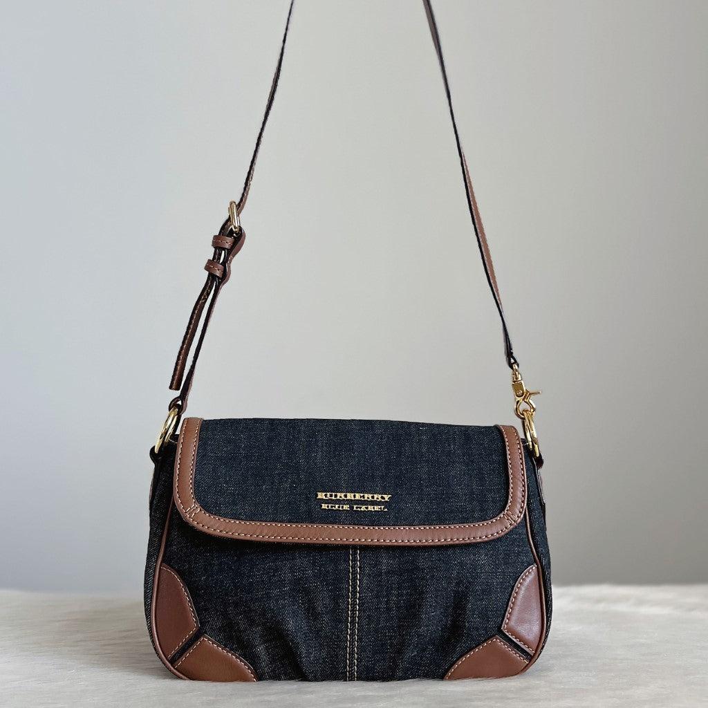 Burberry Brown Leather Trim Denim Patchwork Crossbody Shoulder Bag Excellent