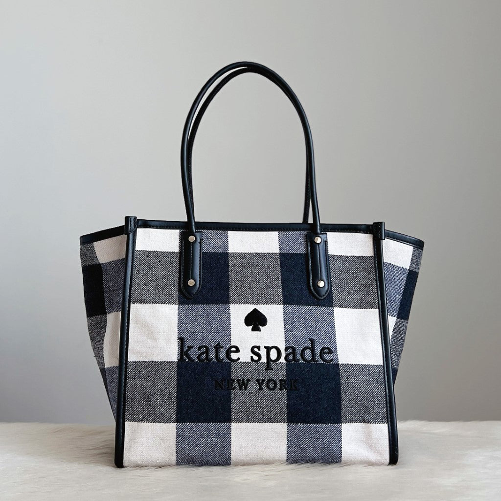 Kate Spade Check Pattern Woollen Carryall Shoulder Bag Excellent