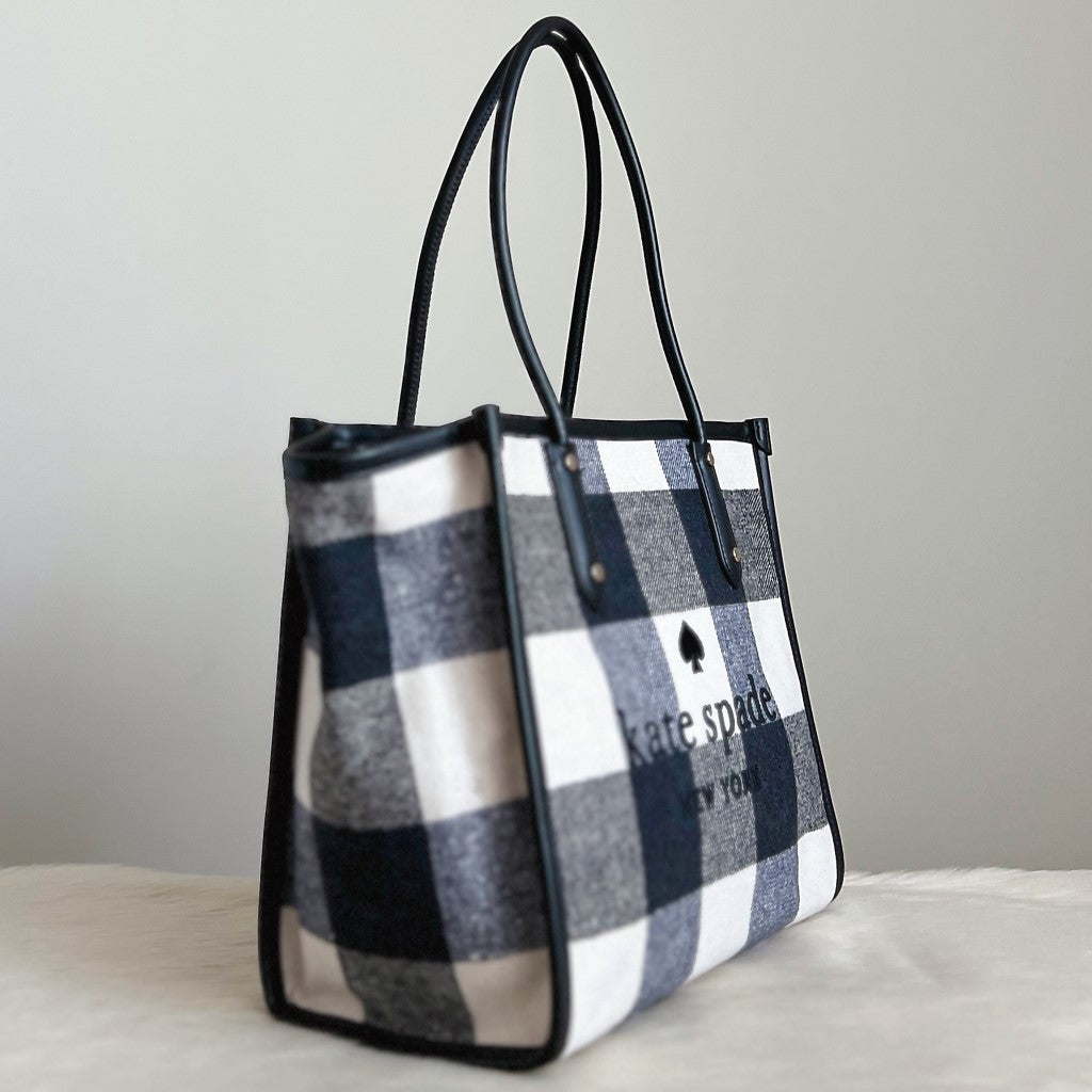 Kate Spade Check Pattern Woollen Carryall Shoulder Bag Excellent