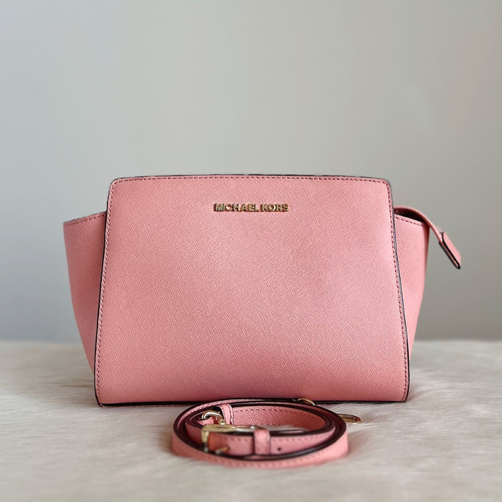 Michael Kors Pink Saffiano Leather Front Logo Crossbody Shoulder Bag