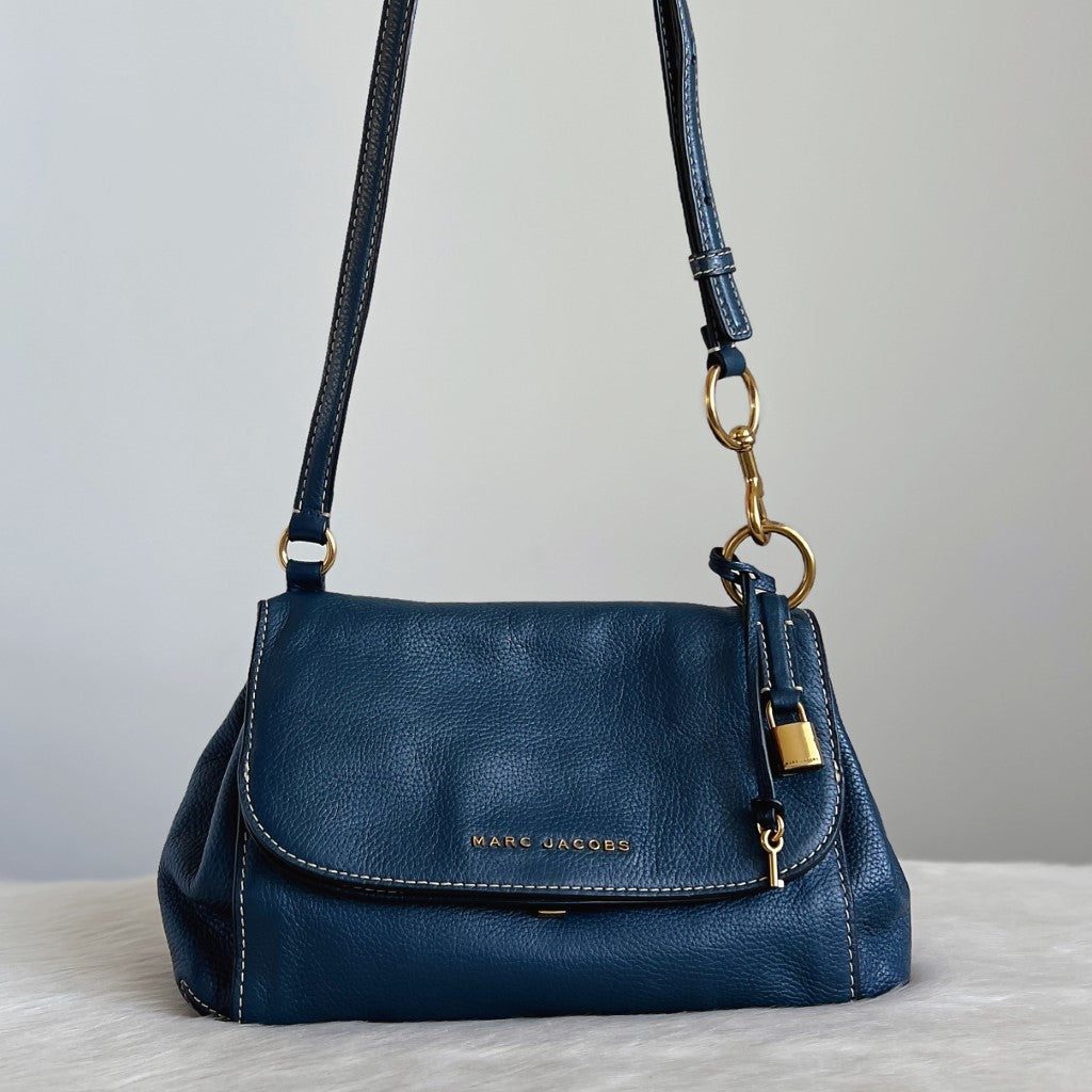 Marc Jacobs Navy Leather Flap Lock & Key Charm Crossbody Shoulder Bag