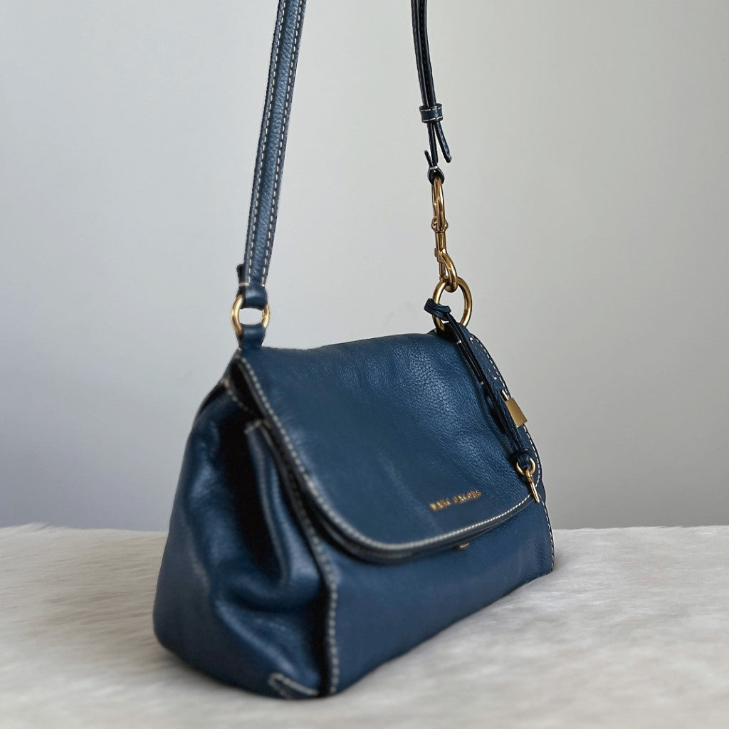 Marc Jacobs Navy Leather Flap Lock & Key Charm Crossbody Shoulder Bag