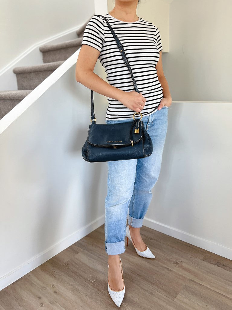 Marc Jacobs Navy Leather Flap Lock & Key Charm Crossbody Shoulder Bag