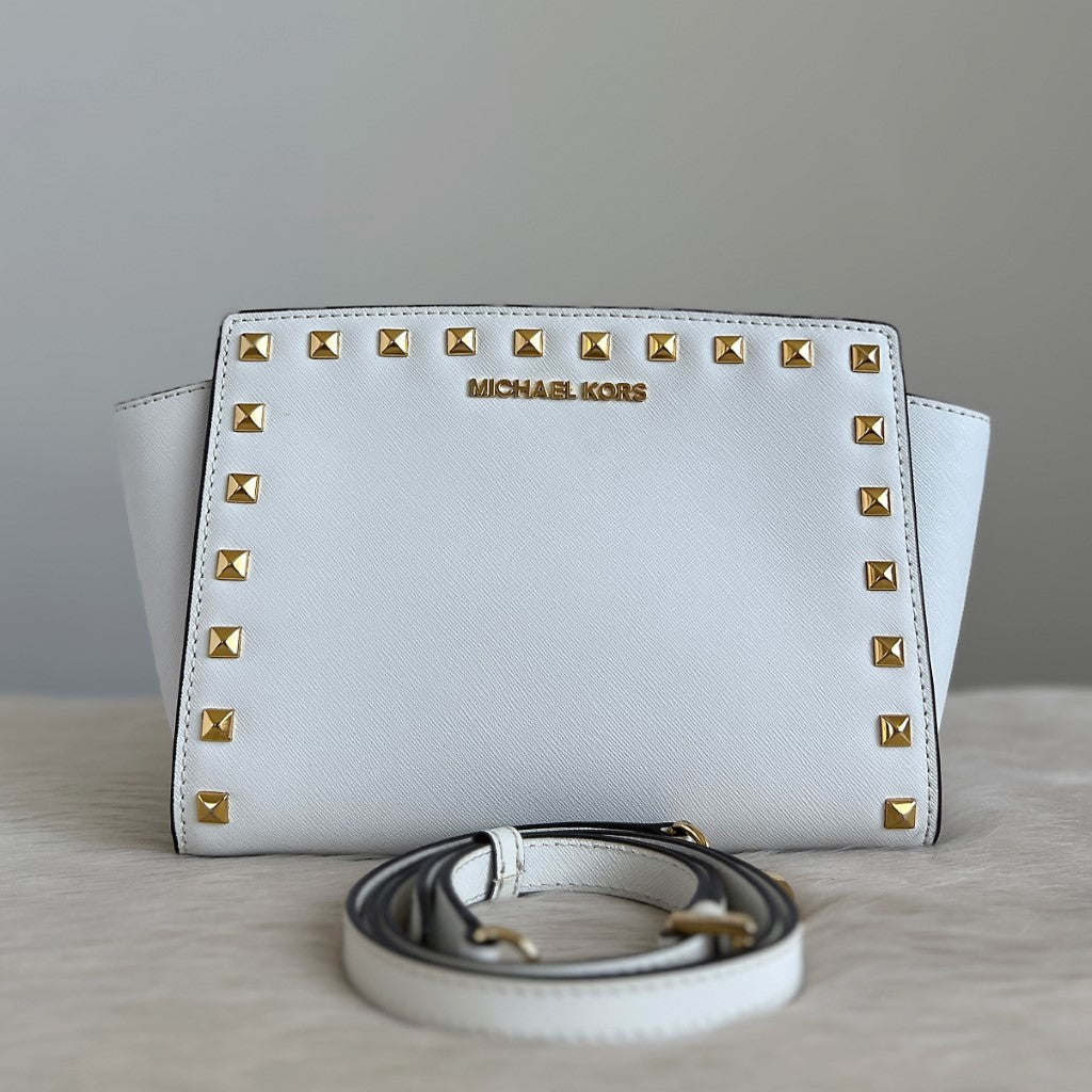 Michael Kors White Saffiano Leather Studded Crossbody Shoulder Bag Like New