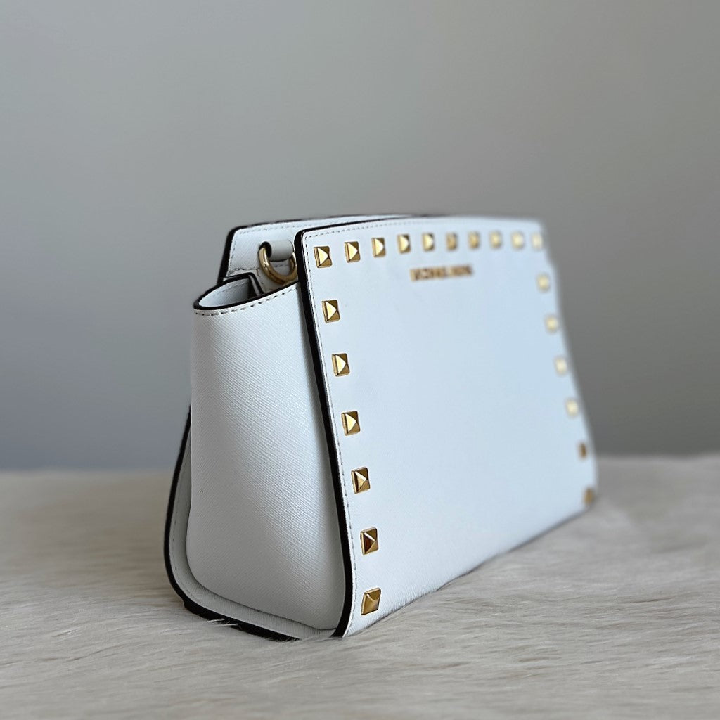 Michael Kors White Saffiano Leather Studded Crossbody Shoulder Bag Like New