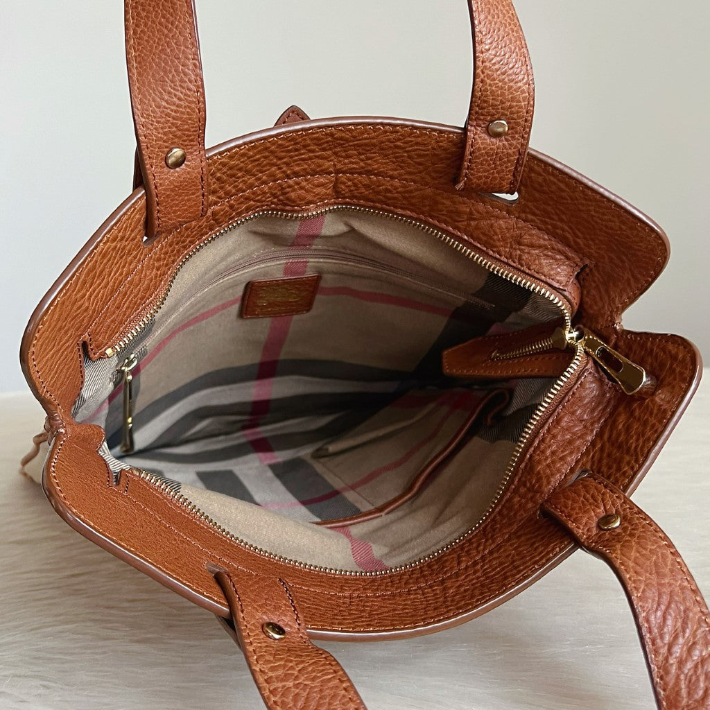 Burberry Caramel Leather Patchwork Front Logo Shoulder Bag