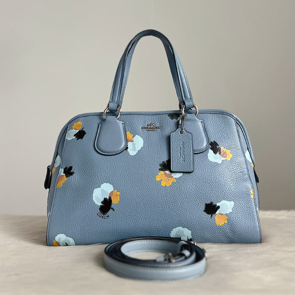 Coach Blue Leather Front Logo Floral Pattern 2 Way Shoulder Bag Like New