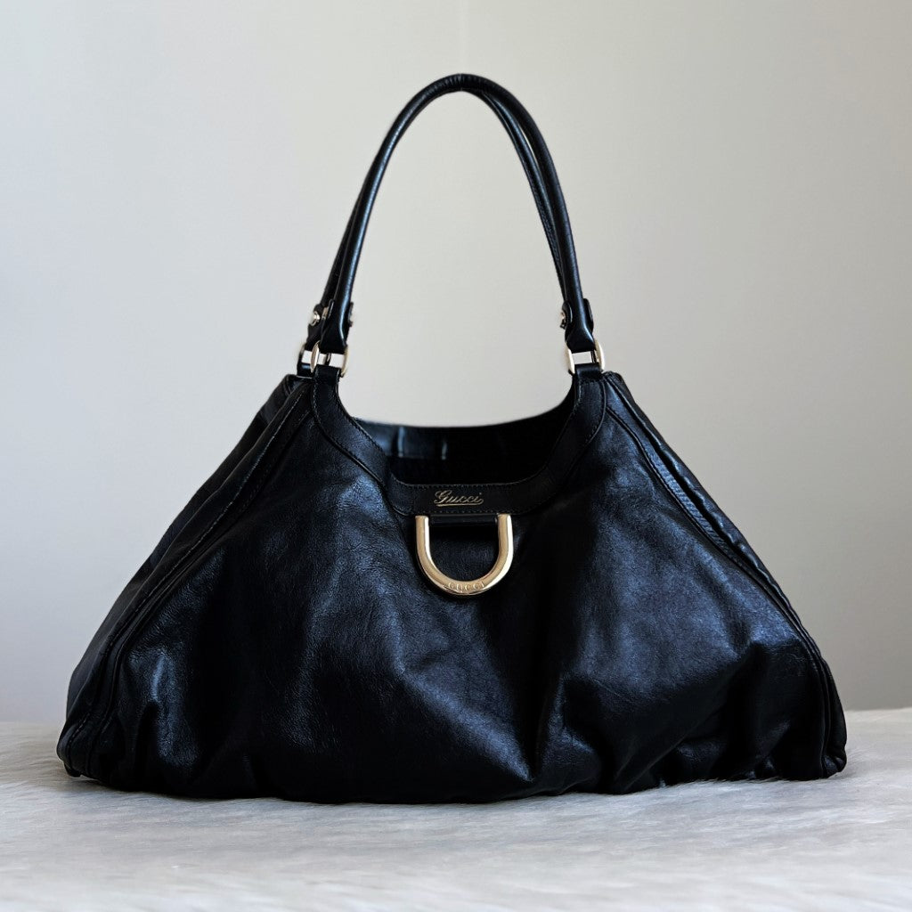 Gucci Black Leather Front Ring Detail Slouchy Shoulder Bag