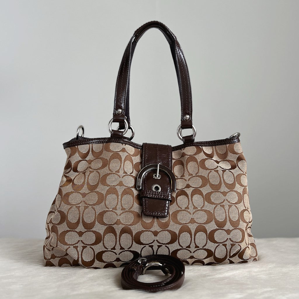 Coach Dark Chocolate Leather Monogram Carryall 2 Way Shoulder Bag Excellent