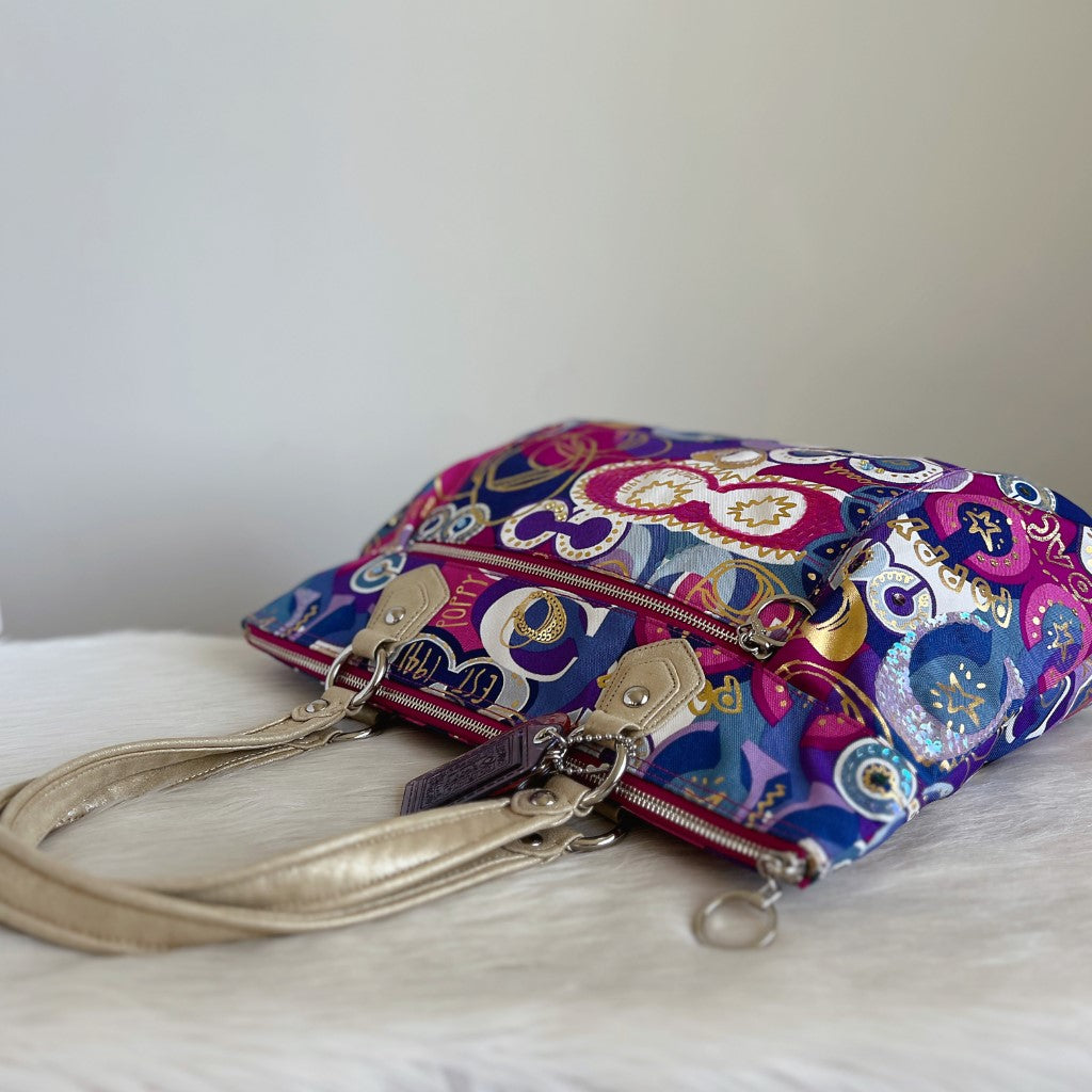 Coach Signature C Colourful Pattern Carryall Shoulder Bag Excellent