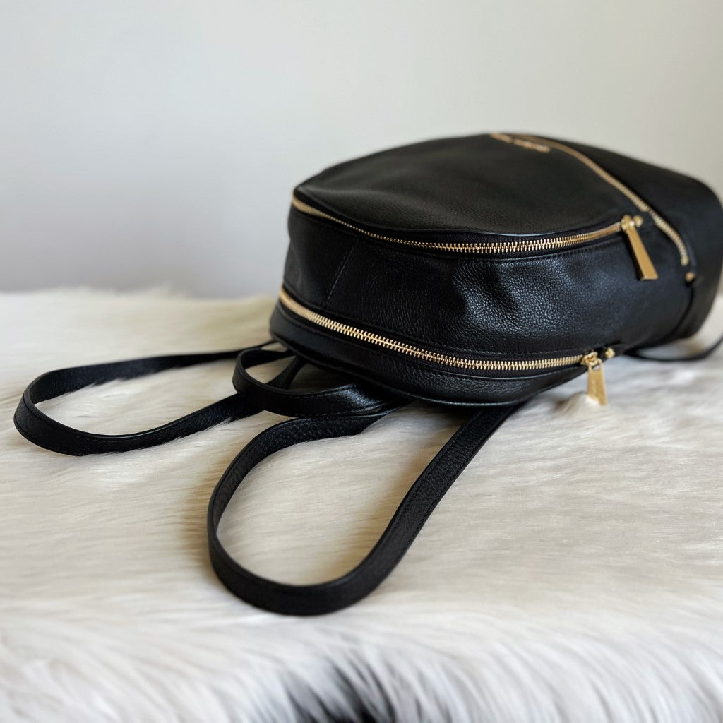 Michael Kors Black Leather Front Logo Double Compartment Backpack