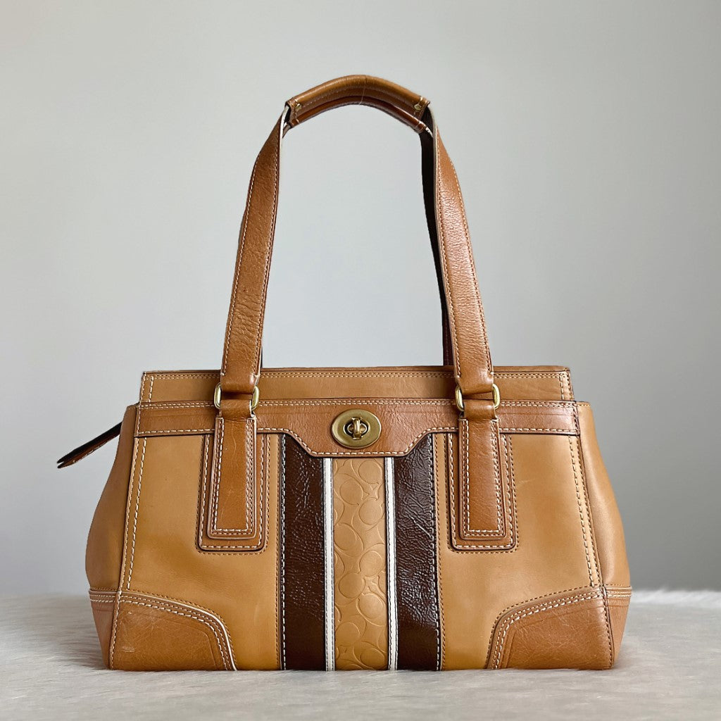 Coach Caramel Leather Stripe Detail Turn Lock Shoulder Bag