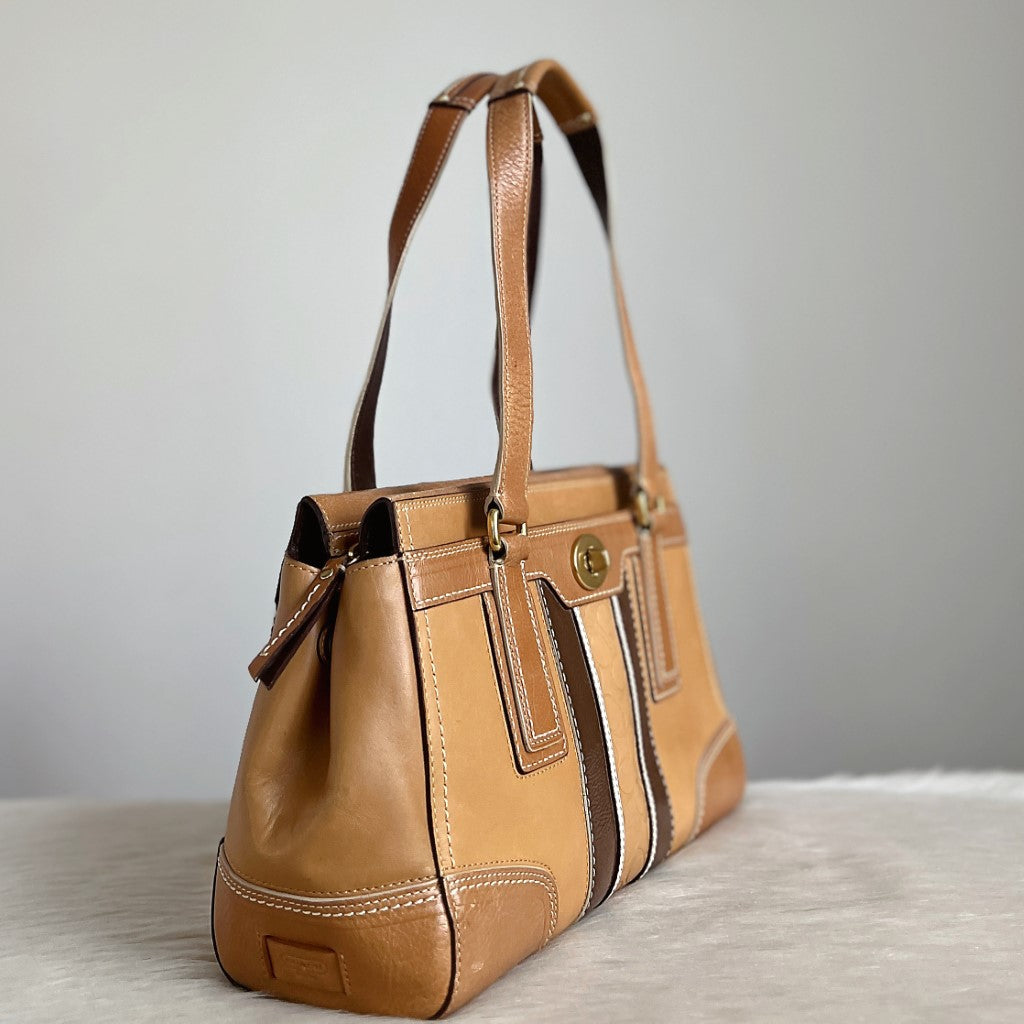 Coach Caramel Leather Stripe Detail Turn Lock Shoulder Bag