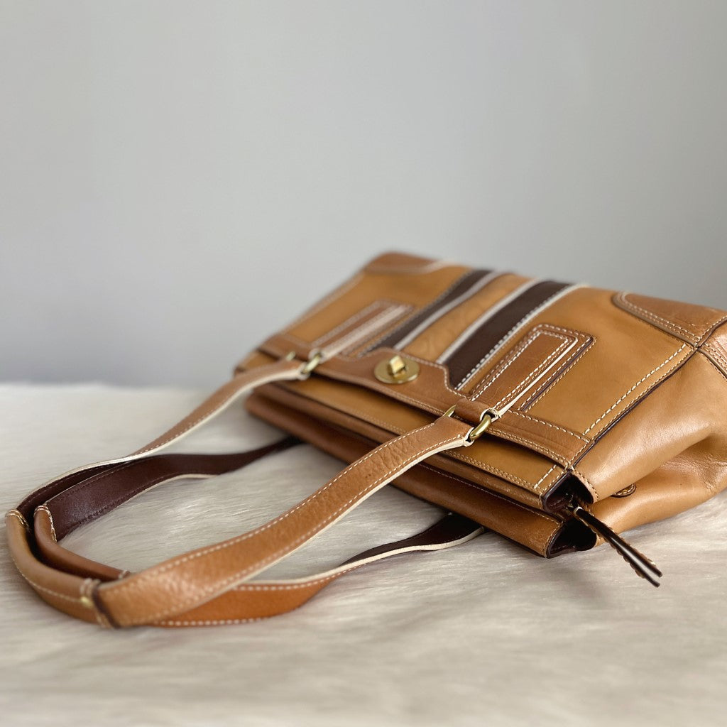 Coach Caramel Leather Stripe Detail Turn Lock Shoulder Bag