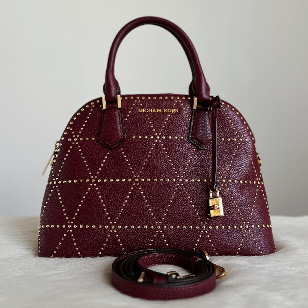 Michael Kors Maroon Leather Front Logo Studded Detail 2 Way Shoulder Bag Like New