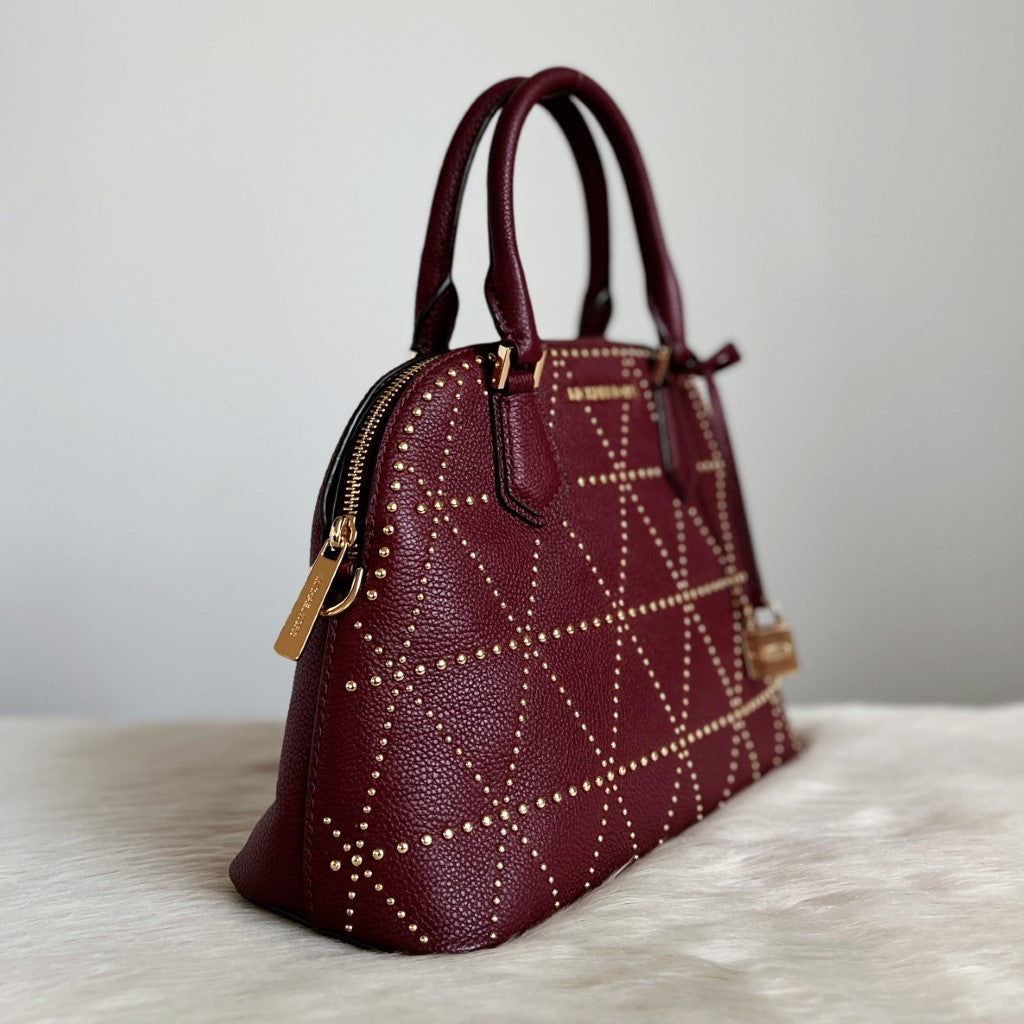 Michael Kors Maroon Leather Front Logo Studded Detail 2 Way Shoulder Bag Like New