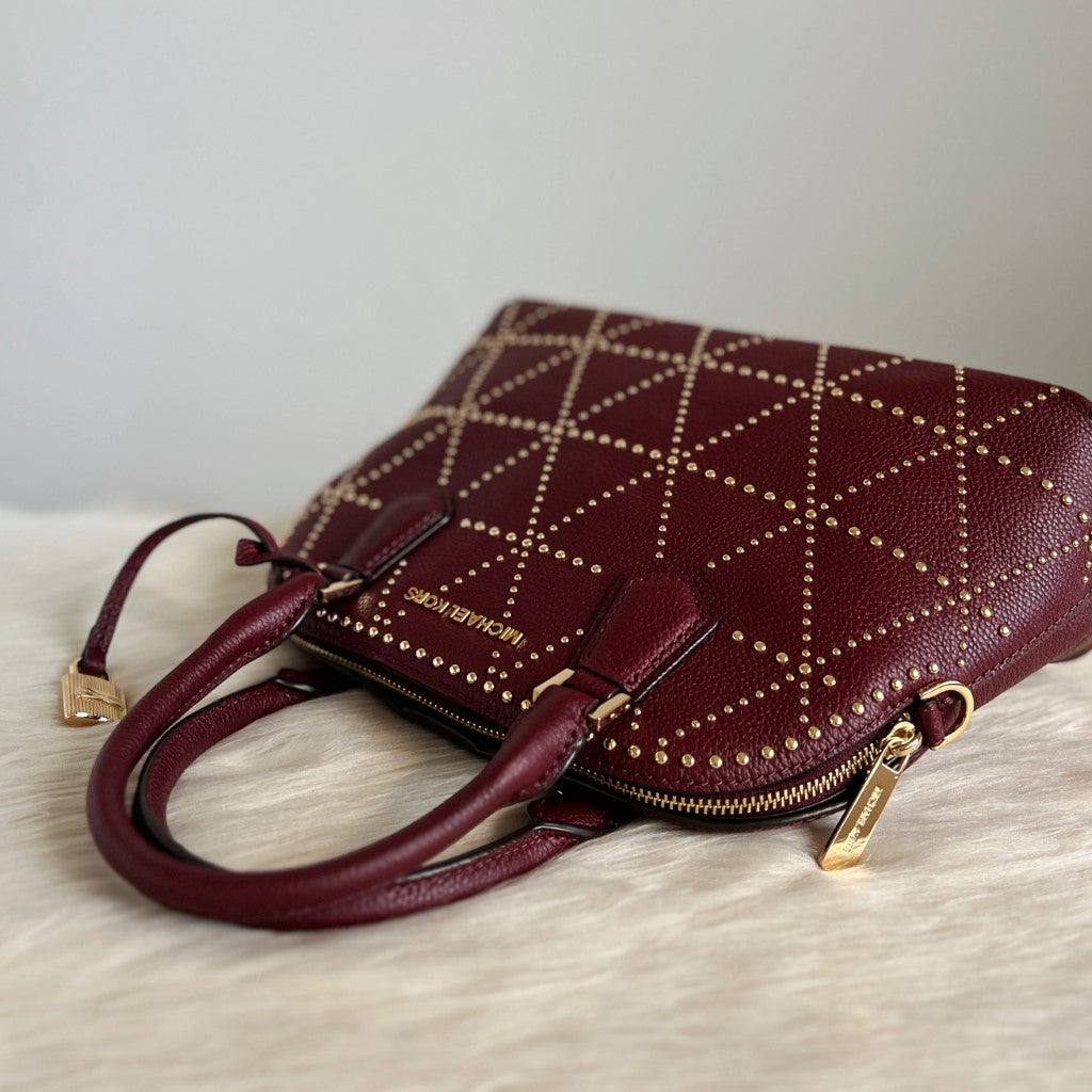 Michael Kors Maroon Leather Front Logo Studded Detail 2 Way Shoulder Bag Like New