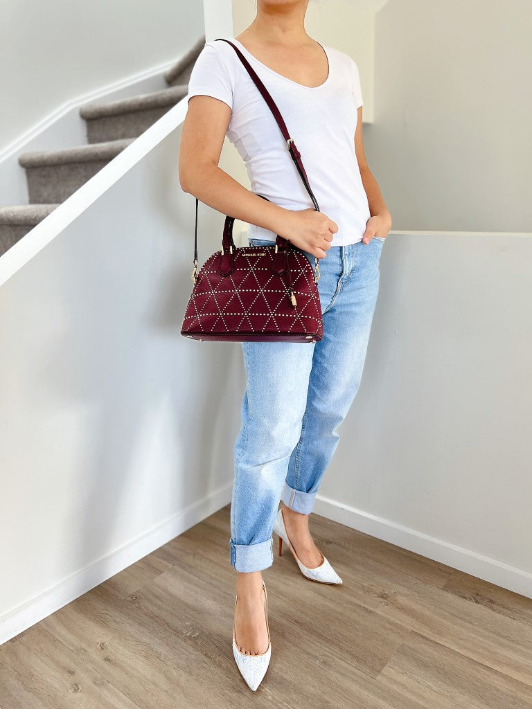 Michael Kors Maroon Leather Front Logo Studded Detail 2 Way Shoulder Bag Like New