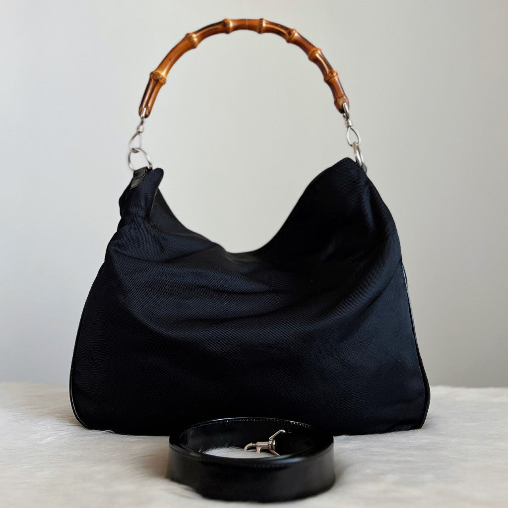 Gucci Classic Black Canvas Bamboo Slouchy 2 Way Shoulder Bag