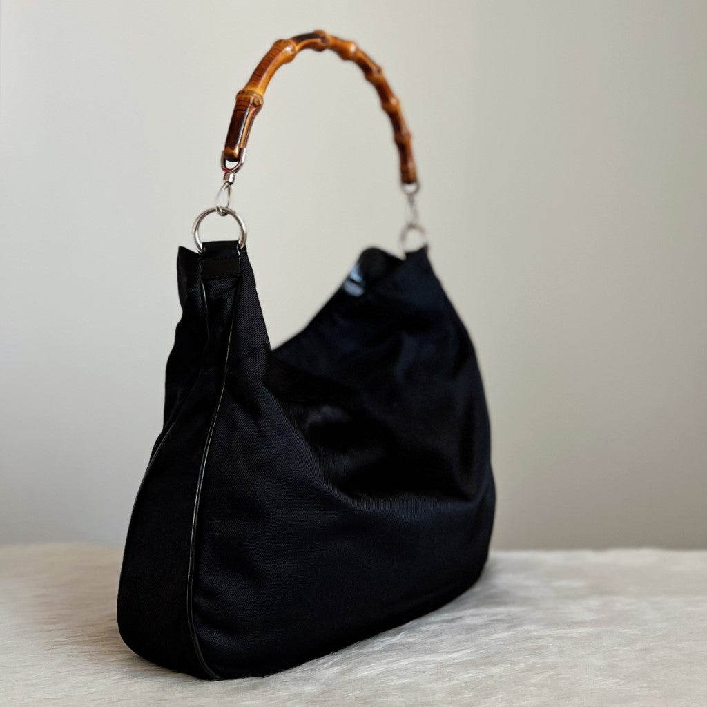 Gucci Classic Black Canvas Bamboo Slouchy 2 Way Shoulder Bag