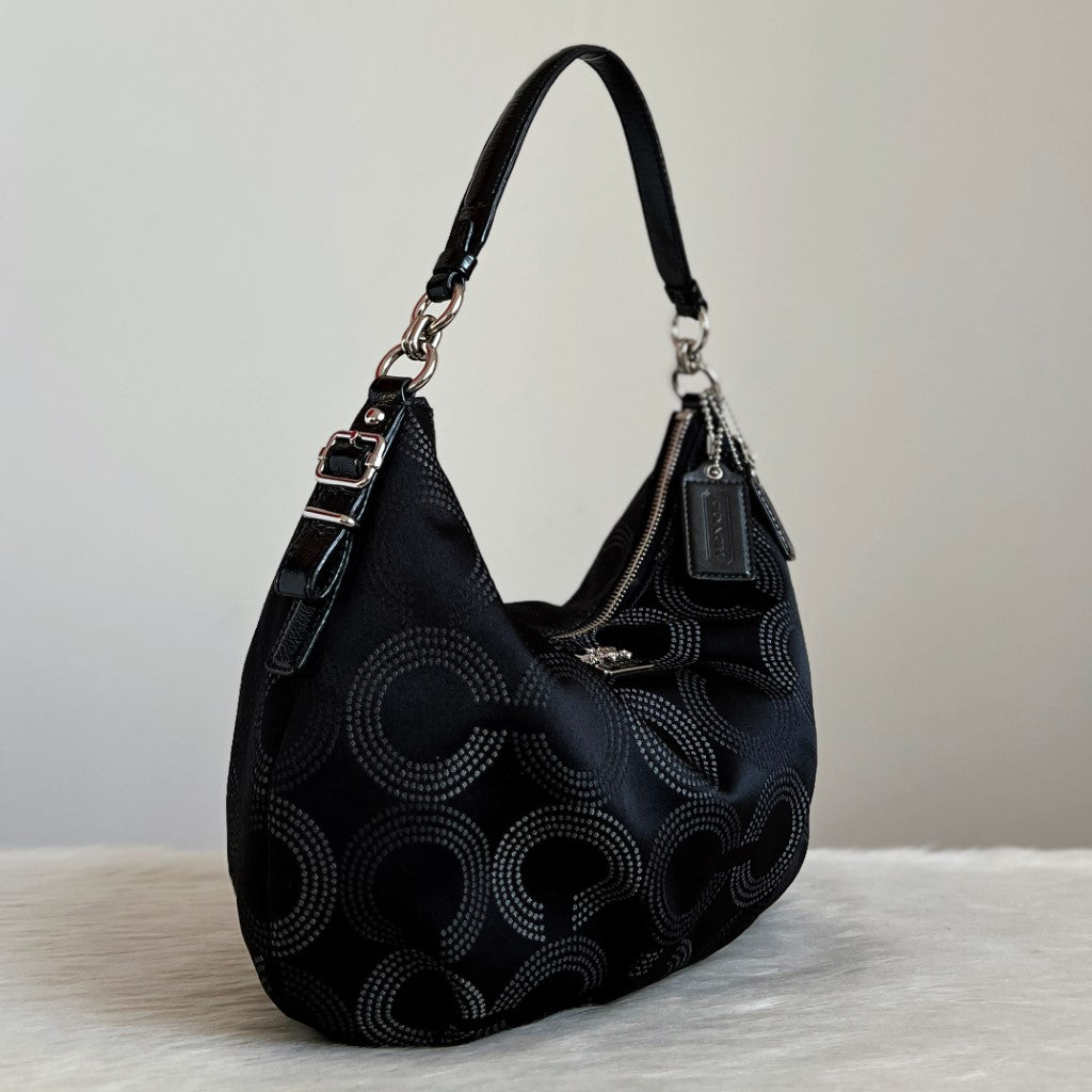 Coach Black Leather Monogram Half Moon Slouchy Shoulder Bag