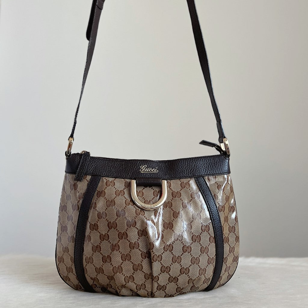 Gucci Dark Chocolate Leather Front Ring Monogram Crossbody Shoulder Bag