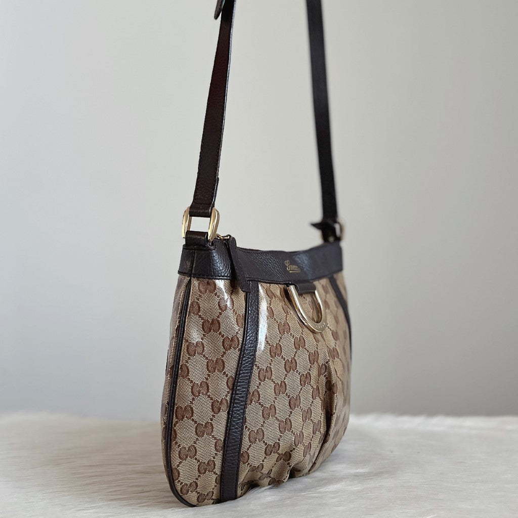 Gucci Dark Chocolate Leather Front Ring Monogram Crossbody Shoulder Bag