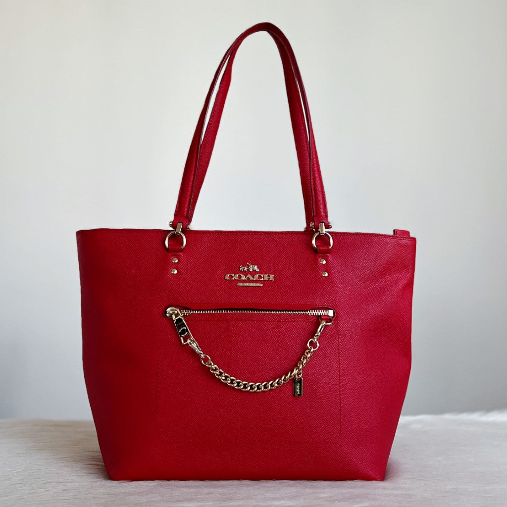 Coach Red Leather Front Logo Chain Detail Carryall Shoulder Bag Like New