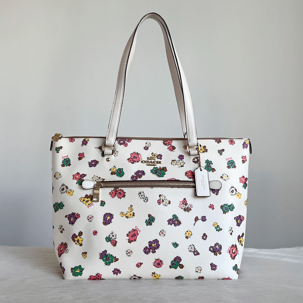 Coach White Leather Front Logo Floral Pattern Carryall Shoulder Bag Like New