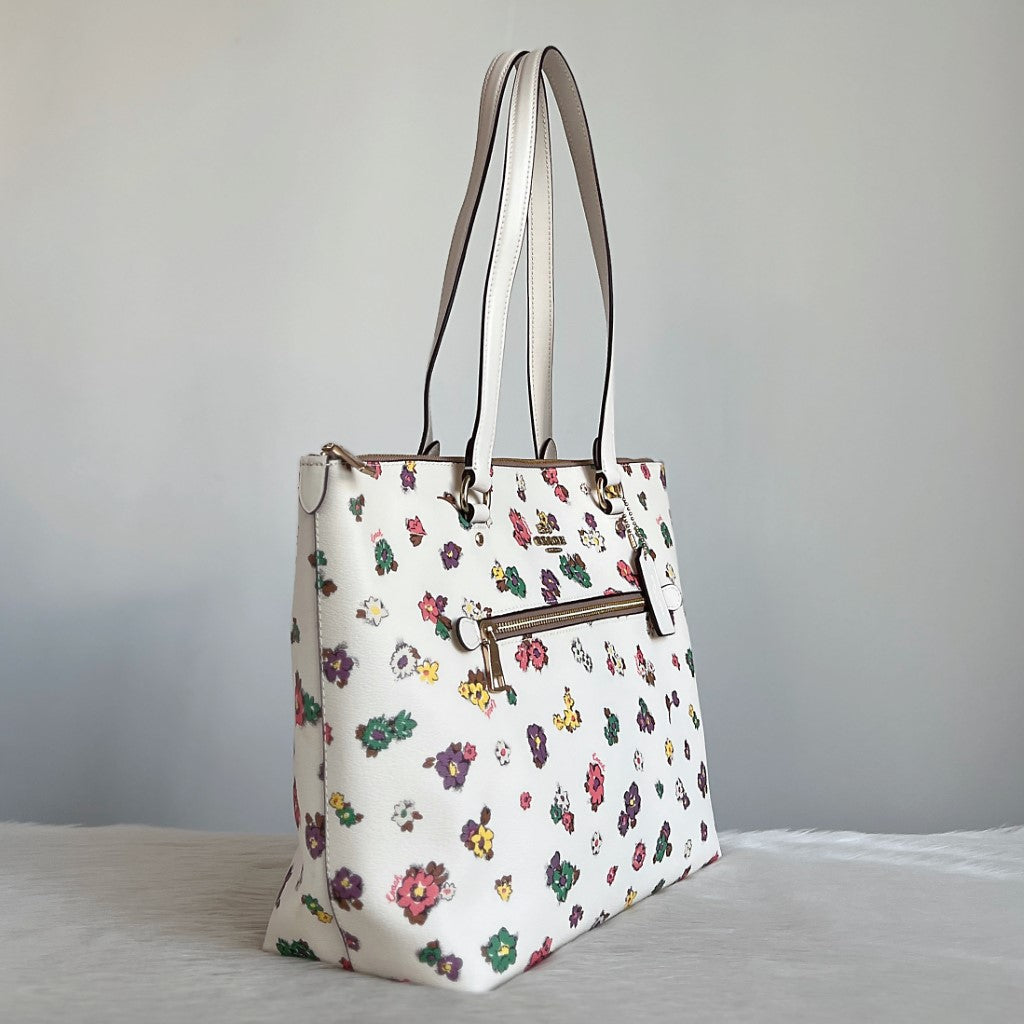 Coach White Leather Front Logo Floral Pattern Carryall Shoulder Bag Like New