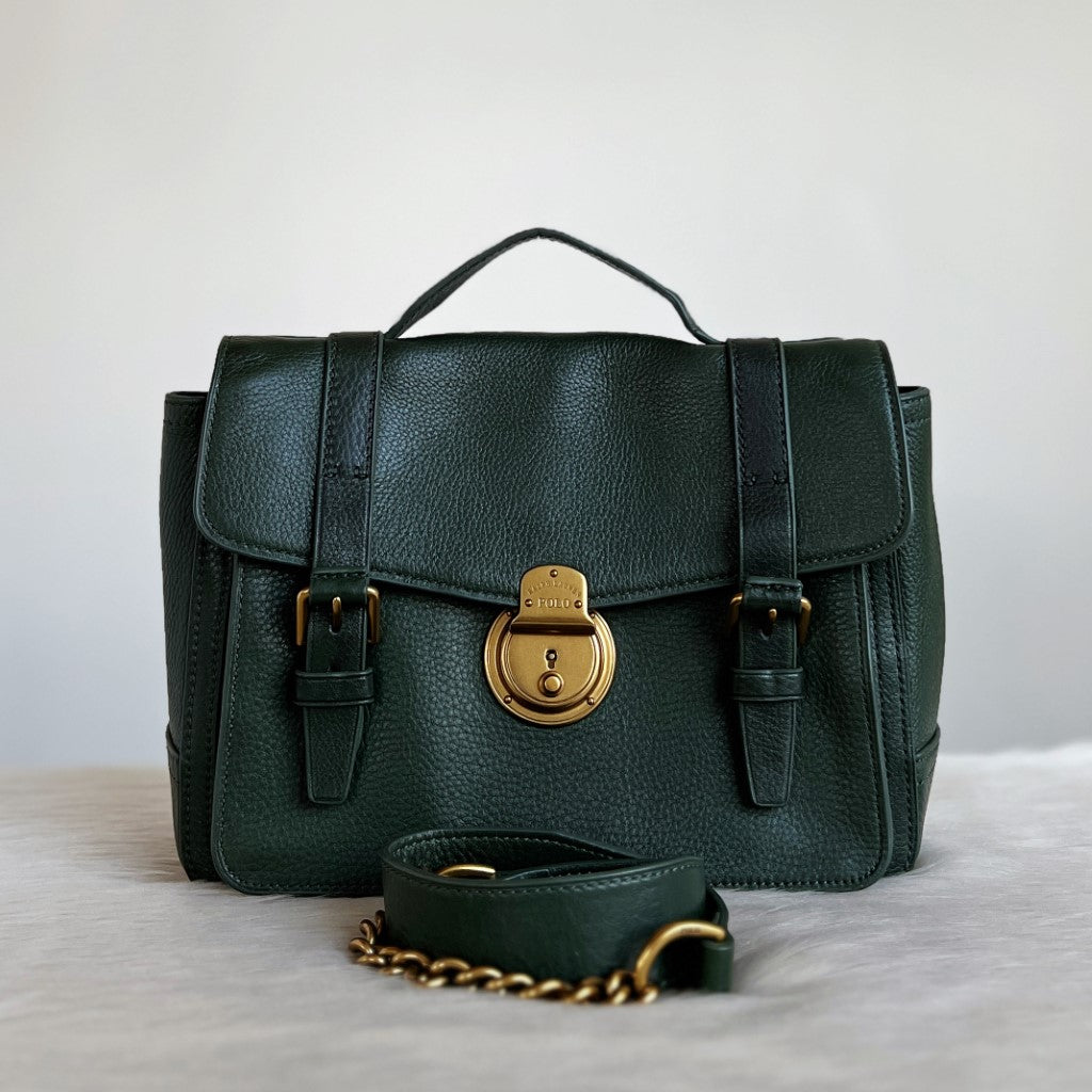 Ralph Lauren Green Leather Front Buckle 2 Way Shoulder Bag Excellent