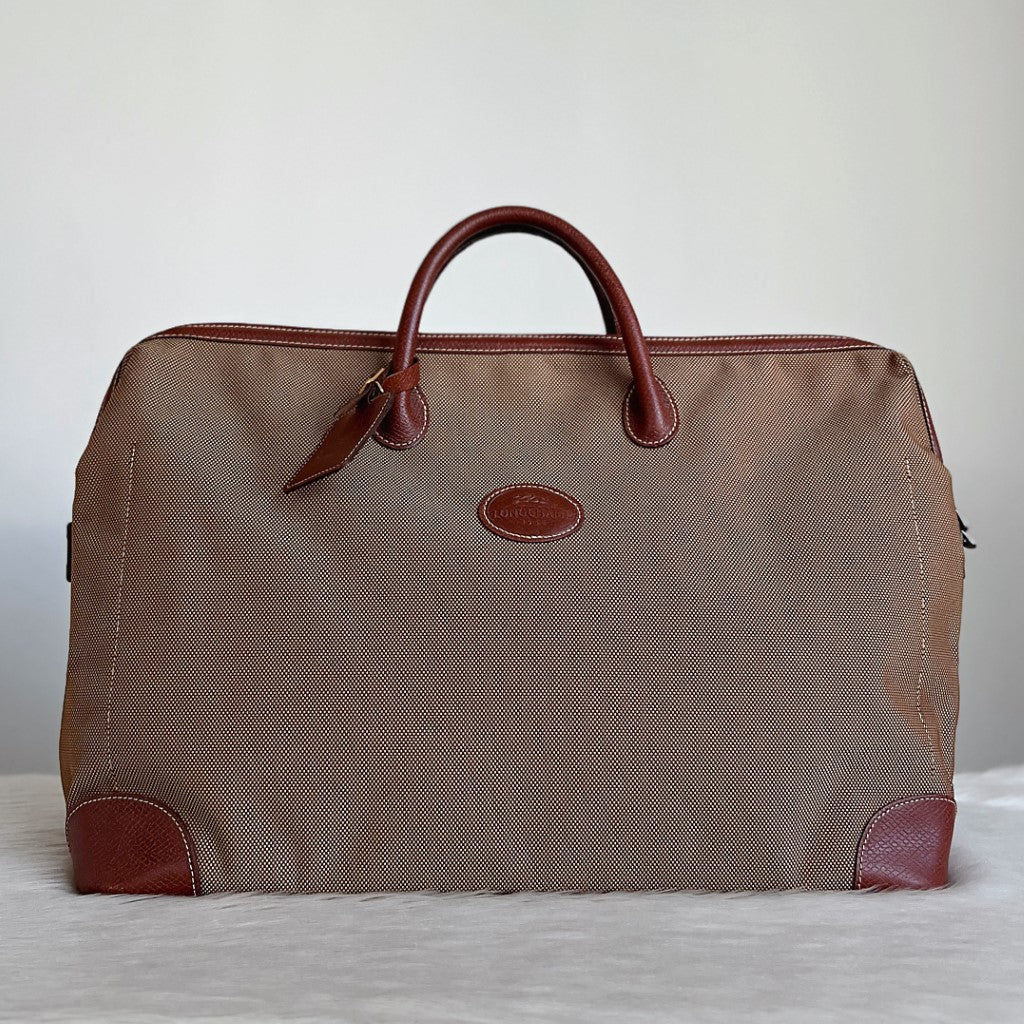 Longchamp Brown Leather Front Logo Keepall Travel Bag