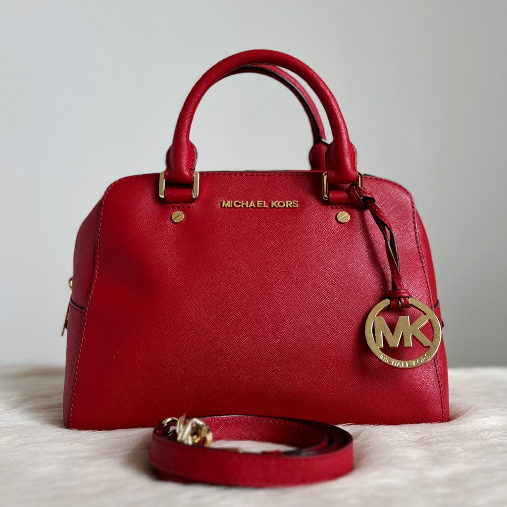 Michael Kors Red Leather Boston 2 Way Shoulder Bag Excellent