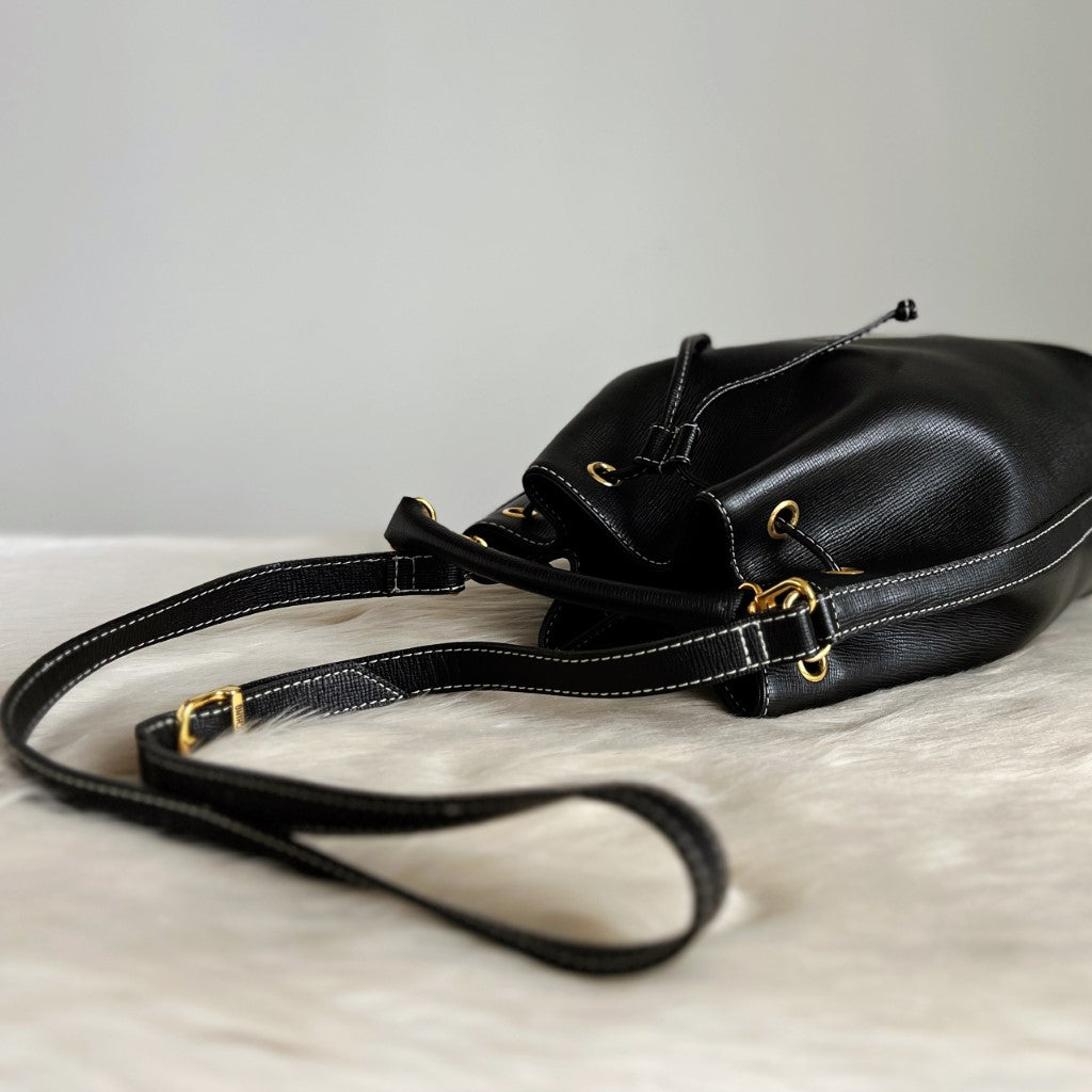 Moschino Black Leather Drawstring Bucket 2 Way Shoulder Bag Excellent