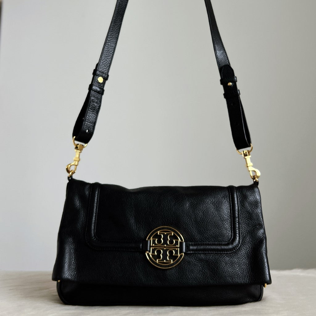 Tory Burch Black Leather Front Logo Crossbody Shoulder Bag Like New