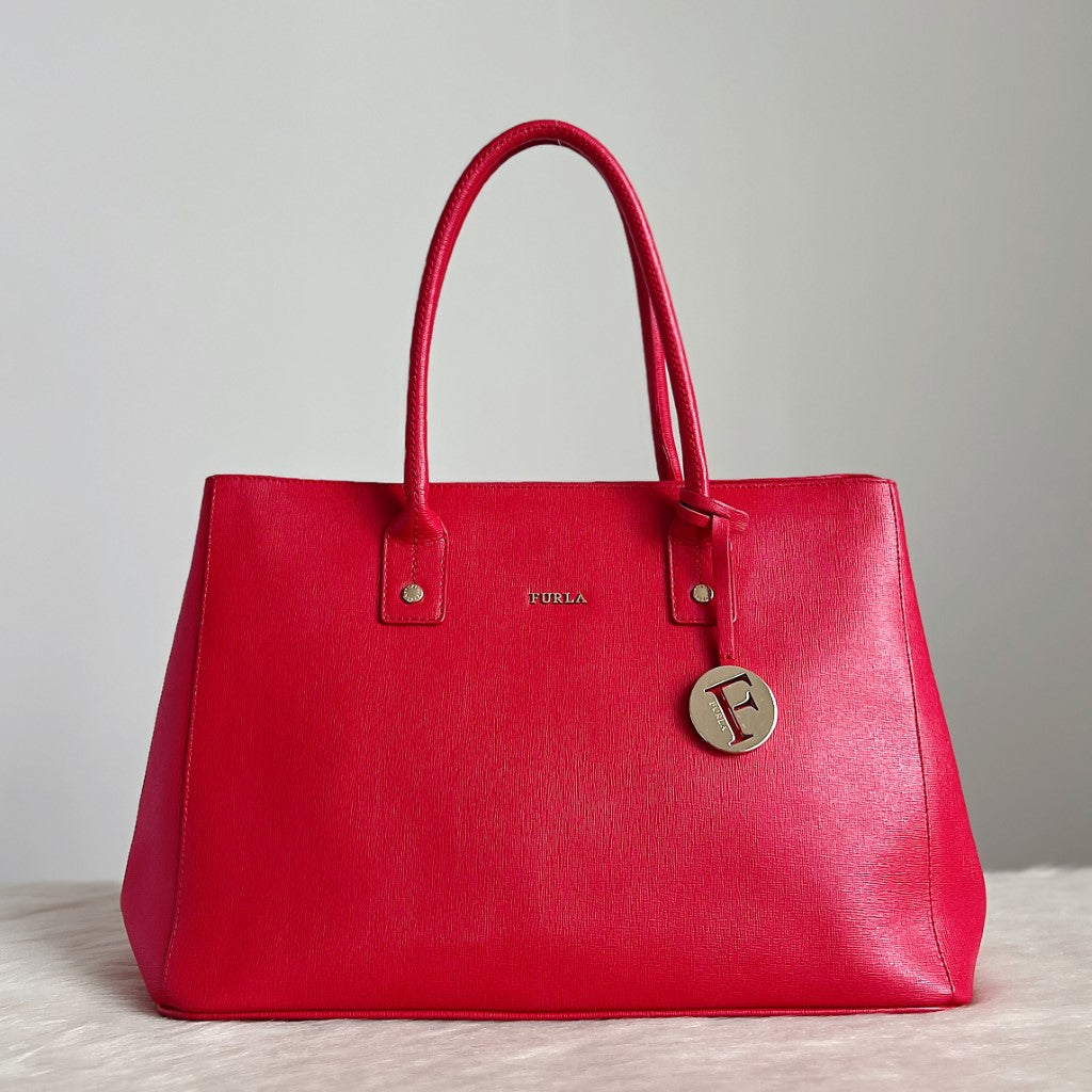 Furla Fresh Red Leather F Charm Carryall Shoulder Bag Excellent