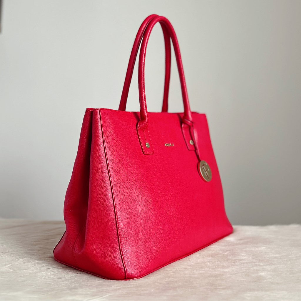 Furla Fresh Red Leather F Charm Carryall Shoulder Bag Excellent