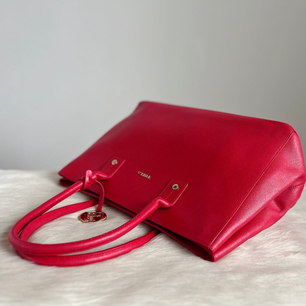 Furla Fresh Red Leather F Charm Carryall Shoulder Bag Excellent