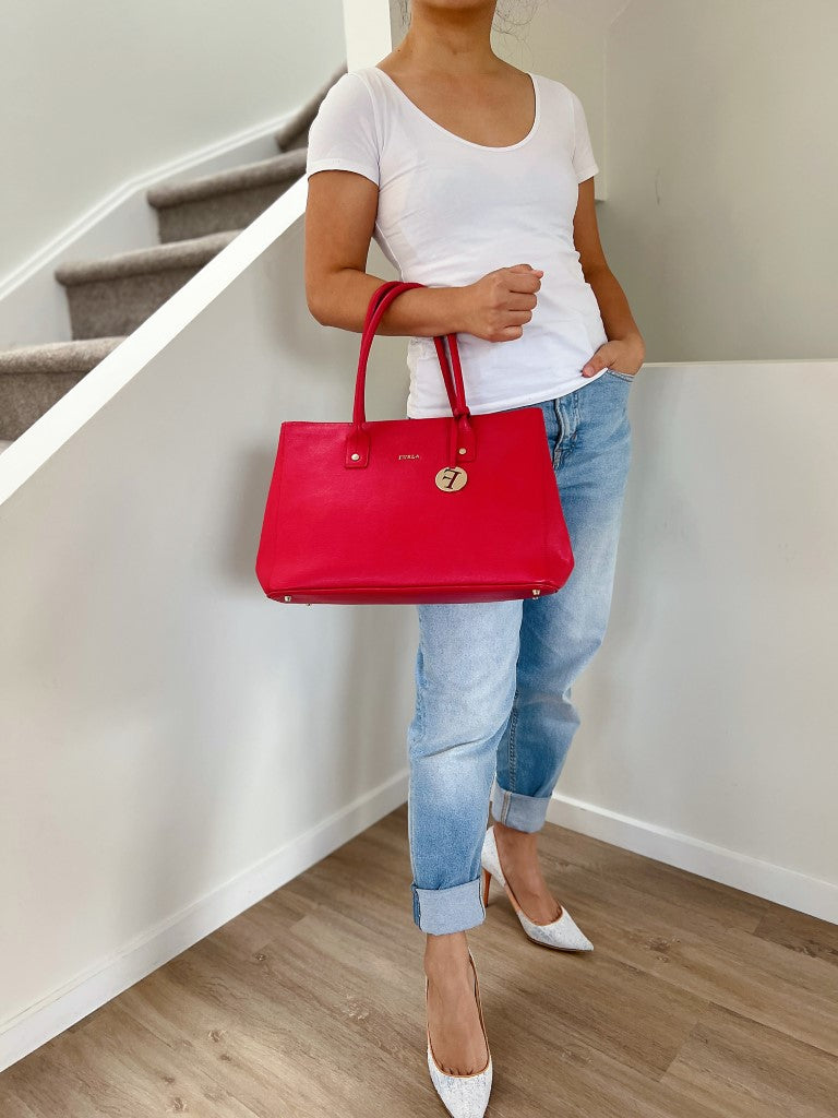 Furla Fresh Red Leather F Charm Carryall Shoulder Bag Excellent