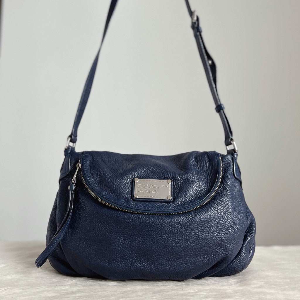 Marc Jacobs Navy Leather Front Logo Zip Flap Crossbody Shoulder Bag