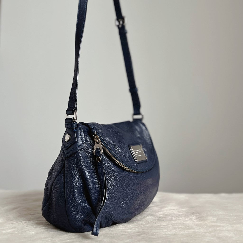 Marc Jacobs Navy Leather Front Logo Zip Flap Crossbody Shoulder Bag