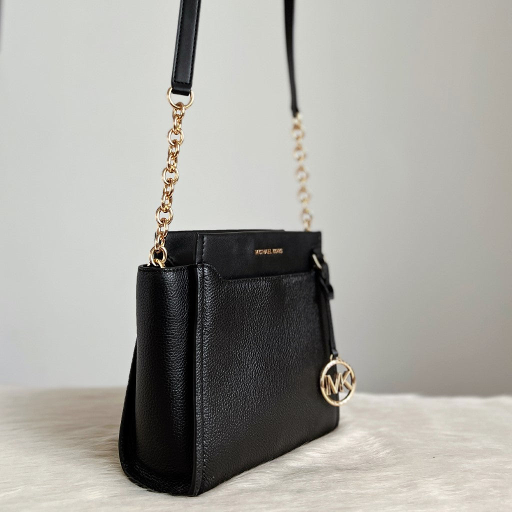 Michael Kors Black Leather Front Logo Chain Detail Crossbody Shoulder Bag Like New