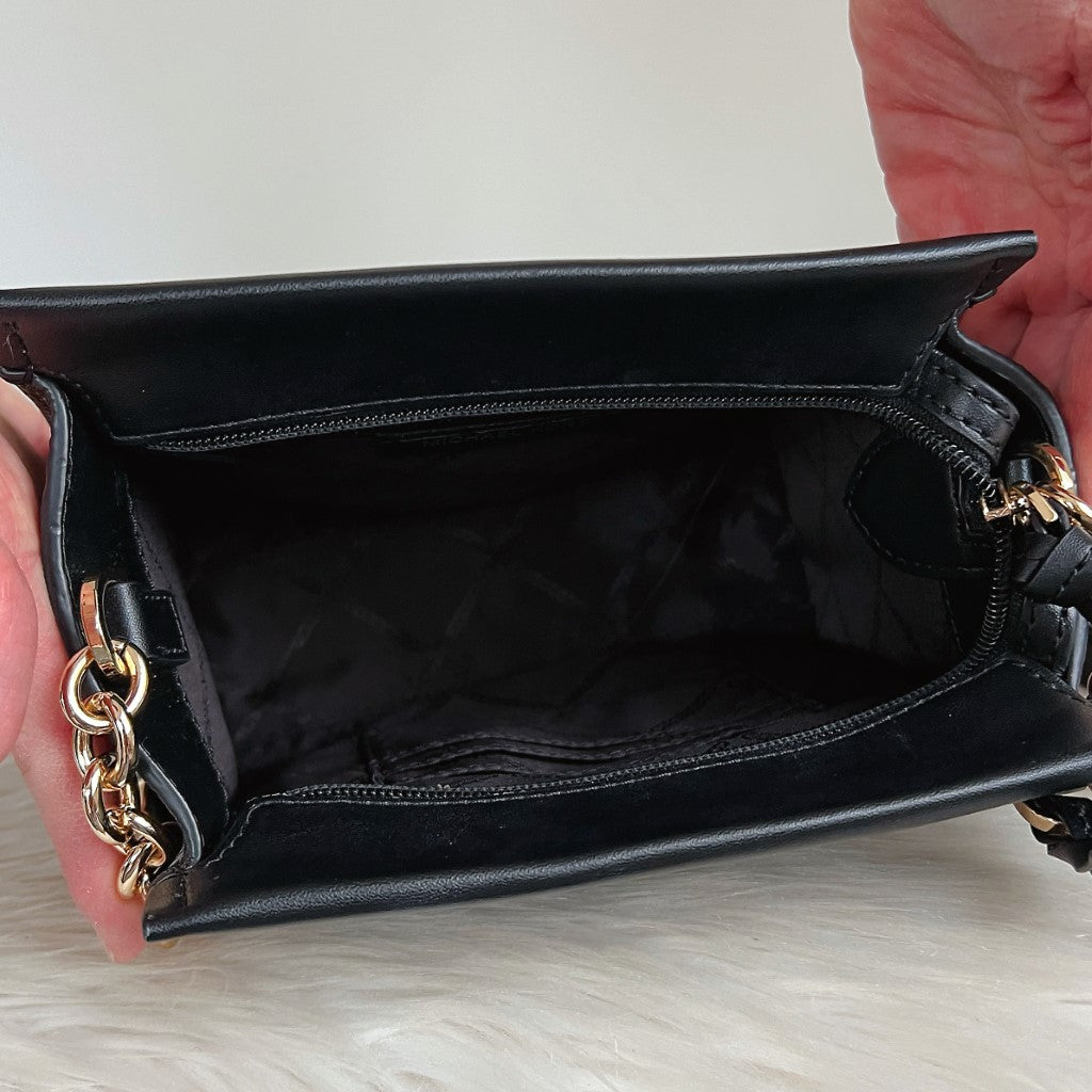 Michael Kors Black Leather Front Logo Chain Detail Crossbody Shoulder Bag Like New