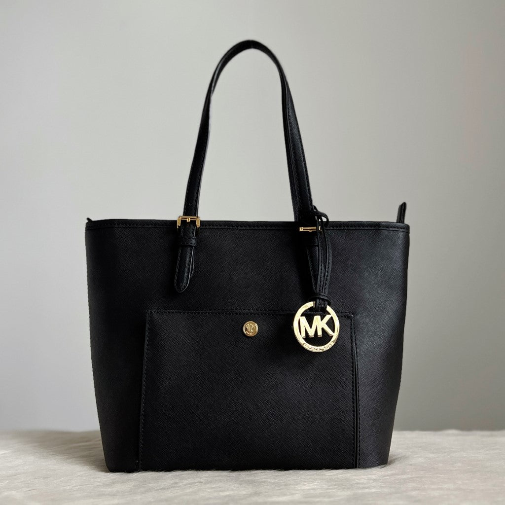 Michael Kors Black Leather MK Charm Triple Compartment Shoulder Bag Excellent