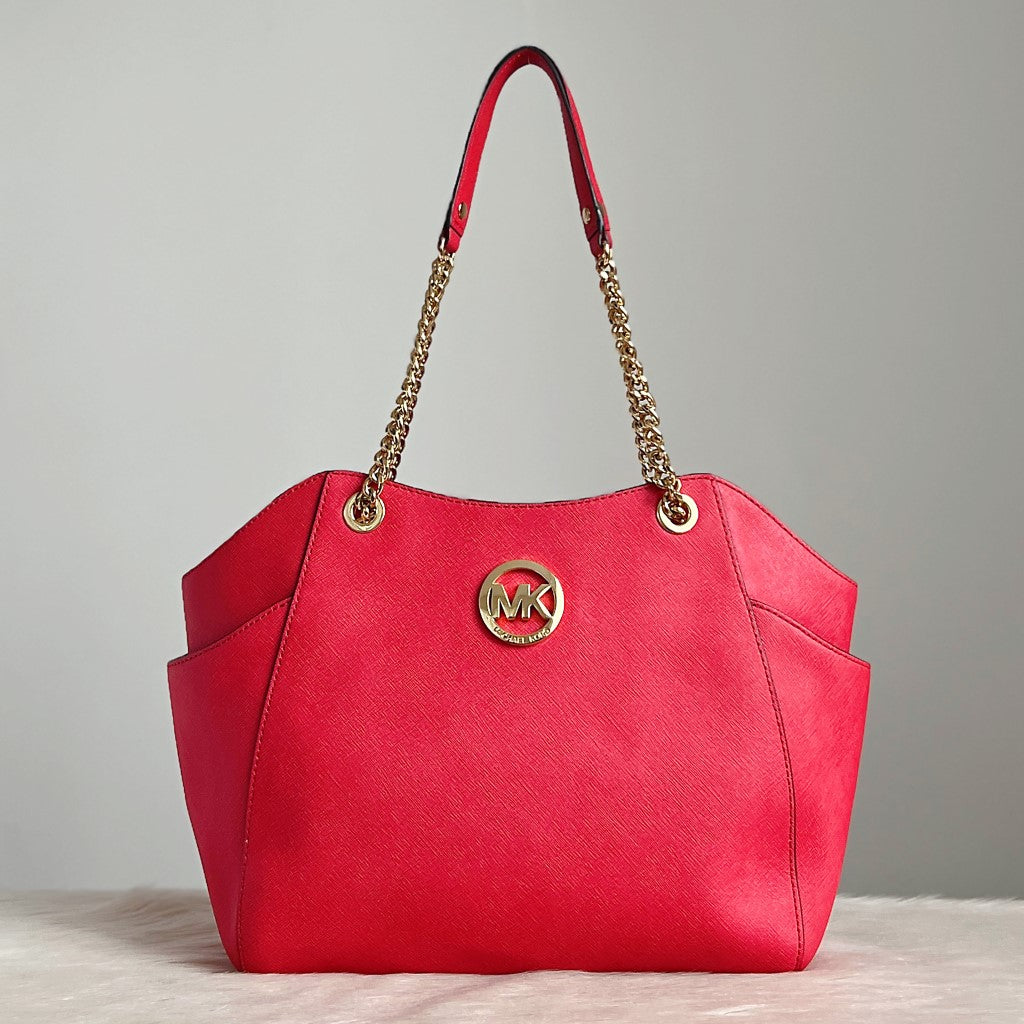 Michael Kors Strawberry Leather MK Logo Chain Detail Shoulder Bag Excellent