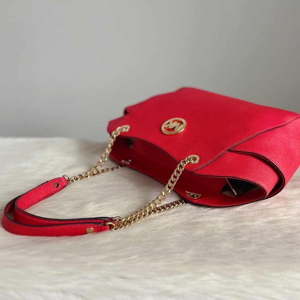 Michael Kors Strawberry Leather MK Logo Chain Detail Shoulder Bag Excellent