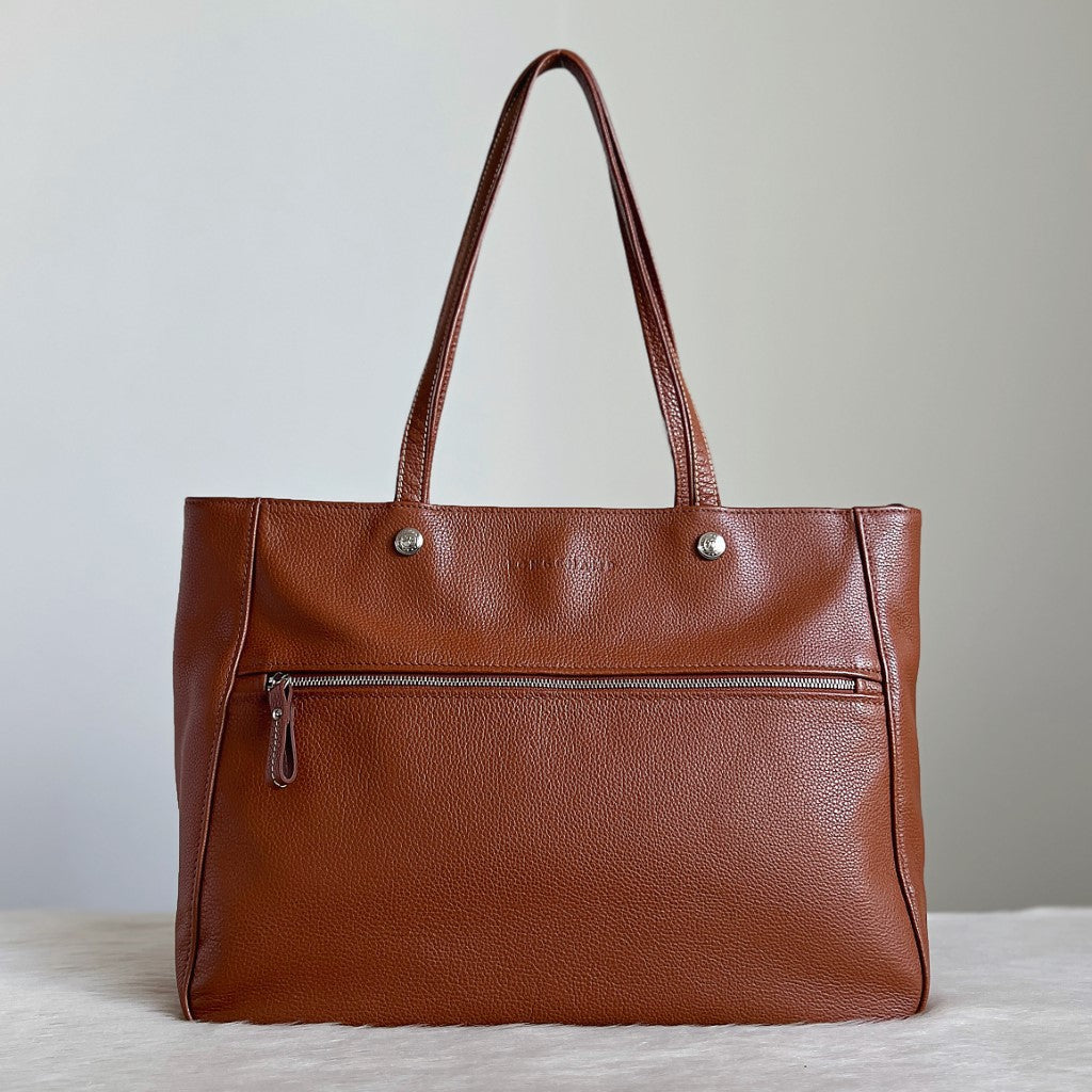 Longchamp Caramel Leather Front Zip Compartment Career Shoulder Bag Excellent