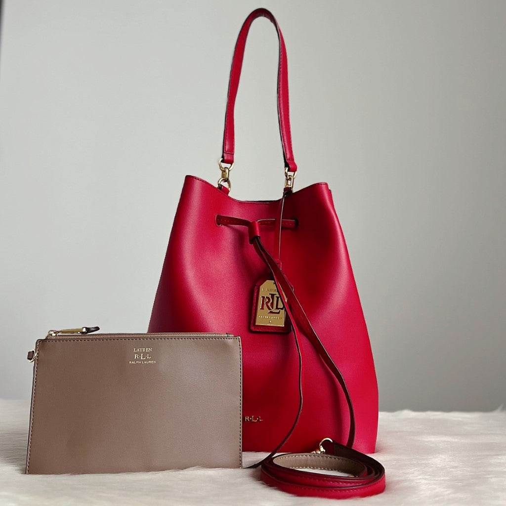 Ralph Lauren Red Leather Drawstring Bucket Shoulder Bag with Pouch