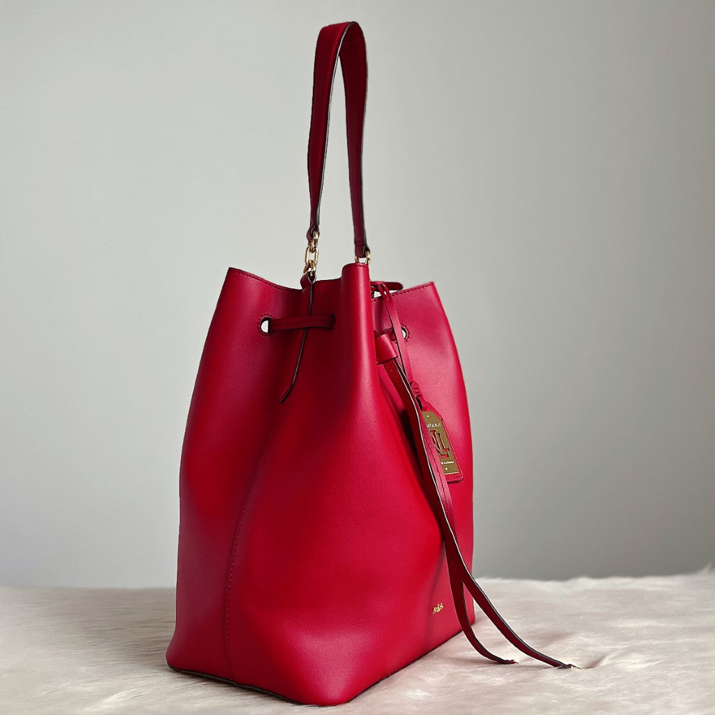 Ralph Lauren Red Leather Drawstring Bucket Shoulder Bag with Pouch