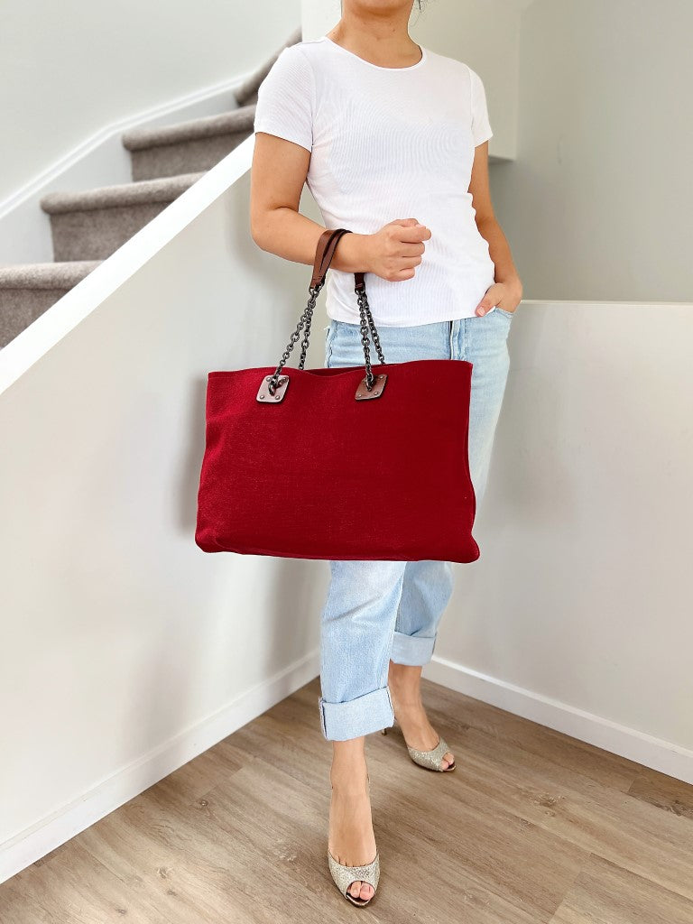 Bottega Veneta Red Canvas Chain Detail Large Carryall Shoulder Bag